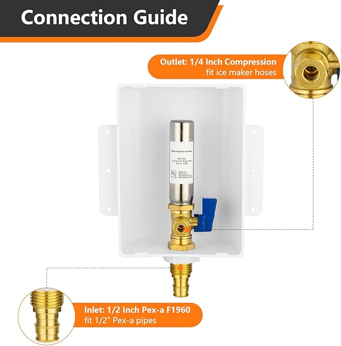 HeSun PEX-A Ice Maker Outlet Box,Inlet 1/2 Inch F1960 Expansion x Outlet 1/4 Inch OD Compression Connection,with Stainless Steel Water Hammer Arrestor
