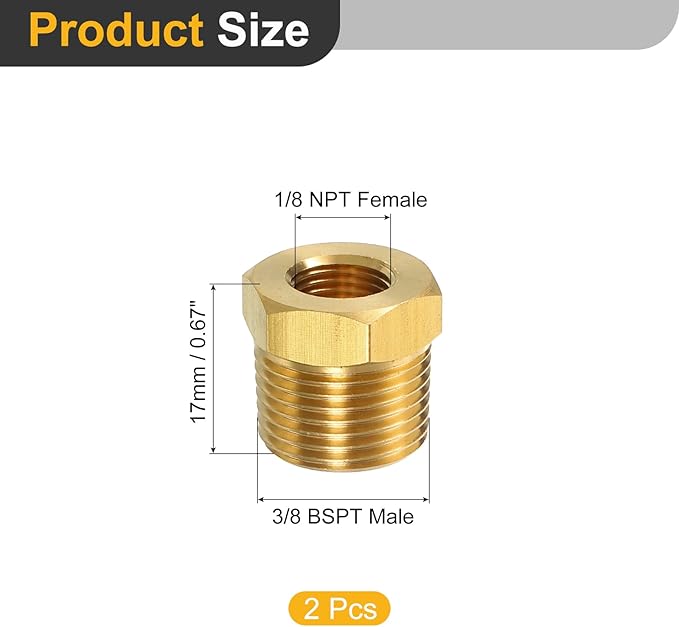 uxcell 2Pcs 3/8 BSPT Male x 1/8 NPT Female Brass Reducer Hex Bushing Threaded Pipe Fitting, Brass Threaded Pipe Fitting Adapter for Water, Gas, Oil Pipeline Systems