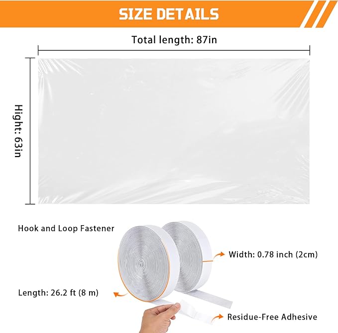 Adjustable Window Insulation Kit 63x87in Reusable Window Plastic for Winterizing Cuttable Transparent Film with Adhesive Straps Thicken Thermal Waterproof Insulation Cover Warm Winter