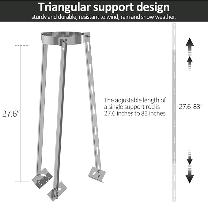 Adjustable Stainless Steel Chimney Roof Support Bracket Kit,6 Inch Extended Height-Adjustable,Triangle Design for Wind Stability,Stove Pipe