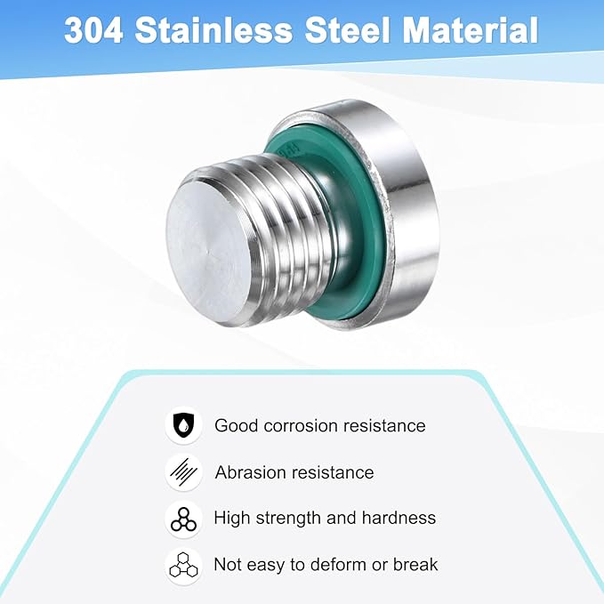 2-Pack Inner Hex Head Pipe Fitting Plug, M14x1.5mm 304 Stainless Steel Socket Bung Plug with Fluorine Sealing Ring for Terminate Pipe Ends/Replacement Drains