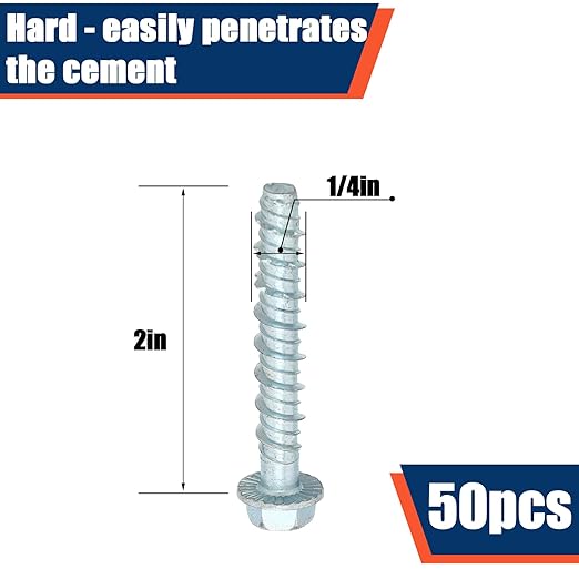 Tandefio 50 Pack 1/4" x 2" Concrete Screw Anchor Galvanized Large Diameter Heavy Duty Plated Concrete Anchors for Masonry Brick Anchoring Block Decking Framing Hex Drive