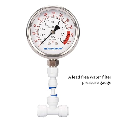 MEASUREMAN Lead-Free Glycerin Filled Reverse Osmosis Pressure Gauge, Purified Water Pressure Gauge, 2-1/2" Dial Size 1/4" Lower Mount, 0-220Psi/Mpa, with PU Tube Connection