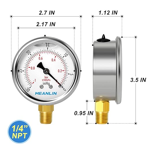 MEANLIN MEASURE -30inHG~0Psi Stainless Steel 1/4" NPT 2.5" FACE DIAL Vacuum Pressure Gauge, Lower Mount, with 1/2" NPT and 3/8" NPT Hex Bushing