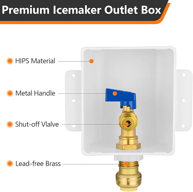 HeSun Push-to-Connect Ice Maker Outlet Box,Inlet 1/2 Inch Pushfit x Outlet 1/4 Inch OD Compression Connection,with 1/4 Turn Shut Off Valve