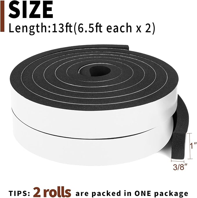 Yotache Foam Insulation Tape 2 Rolls 1" x3/8", High Density Foam with Adhesive Tape Self Stick Weather Stripping Thick, Total 13 Feet Long (2 X 6.5 Ft Each)