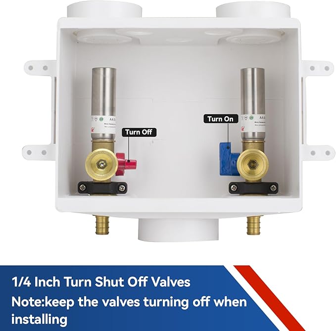 Washing Machine Outlet Box with Water Hammer Arrestor,1/2 Inch PEX F1807 Inlet Connection,3/4 Inch MHT Outlet Male Thread Connection, PEX Box with Center Drain with 1/4-Turn Ball Valve