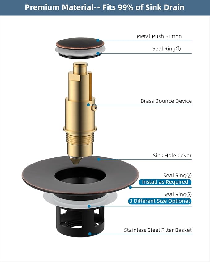 Hibbent 2 Pack All Metal Universal Bathroom Sink Stopper for 1.1''~2.3'' Basin, Pop Up Sink Drain Strainer, Brass Core Push Type Stopper, Stainless Steel Anti Clogging Drain Filter, Oil-Rubbed Bronze