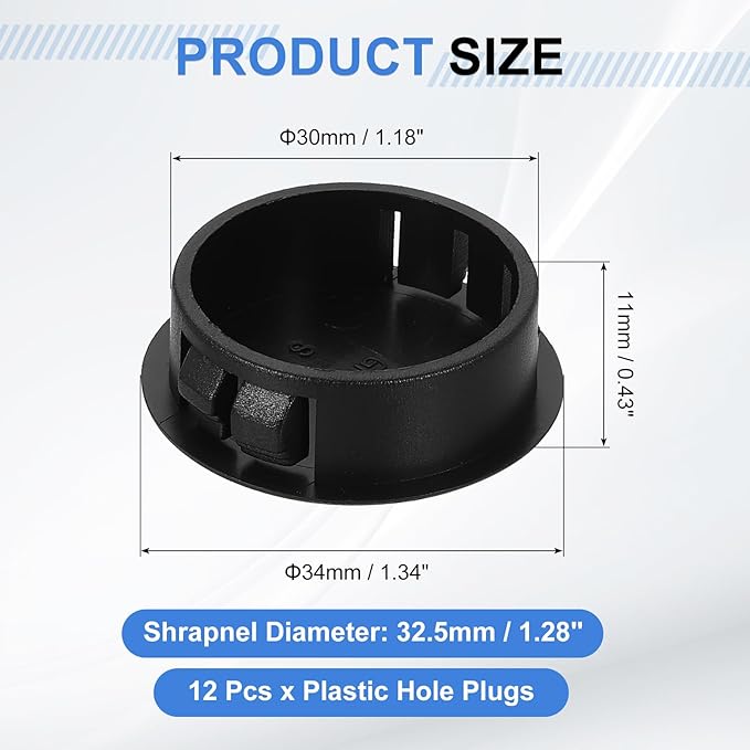 uxcell 12Pcs Plastic Hole Plugs, 30mm(1-3/16") Flush Type Panel Plugs, Round Snap Knockout Locking Plugs for Furniture Insert End Caps Panels, Black