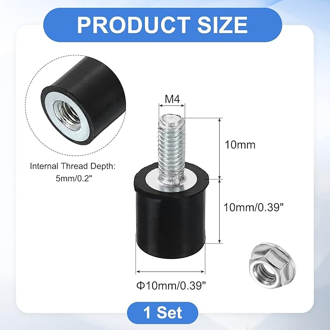 uxcell M4 Rubber Mounts, 1Pcs 10x10mm(DxH) Rubber Cylindrical Anti Vibration Isolator Shock Absorber with Lock Nut for Car Bobbin Generator Air Compressors