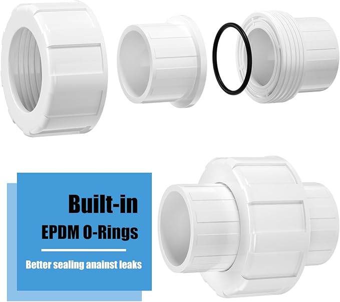 8PCS 1/2Inch PVC Union Coupling Adapter, Furniture Grade PVC Pipe Fittings with EPDM O-Ring, White Slip Union Coupling for Irrigation, Pool & Spa System, Indoor Plumbing Project