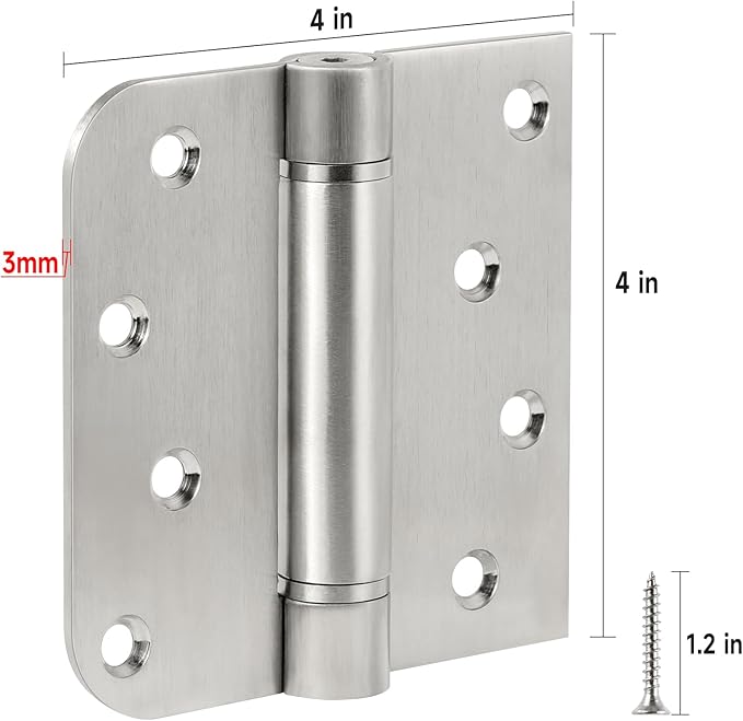 bartuda Hinges Self-Closing Door Hinges 4Inch 304 Stainless Steel Hinges Spring Hinge Heavy Duty Hinges with Square Rounded 5/8"" Radius Corner Adjustable Tension 3 Pack