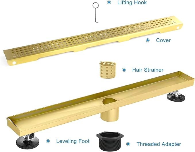 Linear Shower Drain, 40 inch Gold Drain with Removable Grate Cover, Brushed 304 Stainless Steel Shower Floor Drain, Linear Drain with Hair Strainer and Adjustable Feet