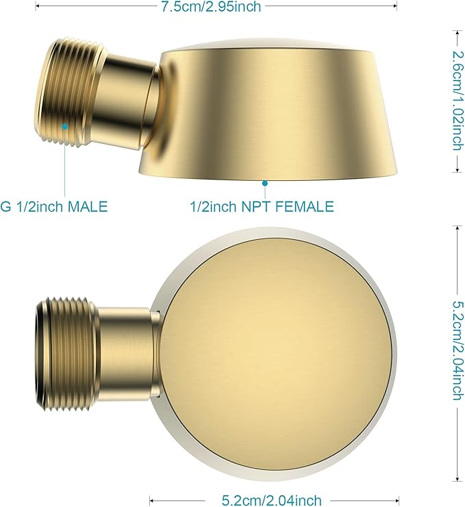 100% Brass Wall Mounted Supply Elbow, Solid Brass Round Wall Elbow for Hand Shower, Check Valve Included (Brushed Gold)