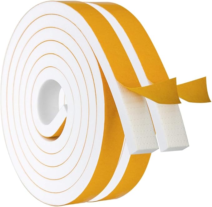 White Door Window Weather Stripping Self Adhesive Foam Tape High Density Foam Sealing Strip Window Insulation Weatherproof Gasket Tape, 3/4" Wide X 3/8" Thick, 6.5 Ft X 2 Rolls, Total 13 Feet