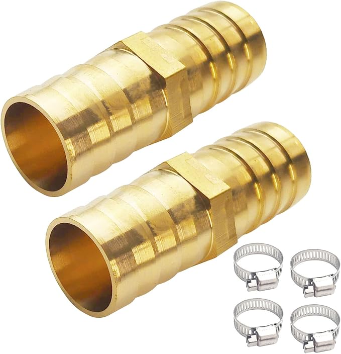 2PCs 3/4" Brass Hose Barb Fitting Straight Shape Barbed Splicer Mender Union Fitting with 4PCs Hose Clamp for Oil Water Air