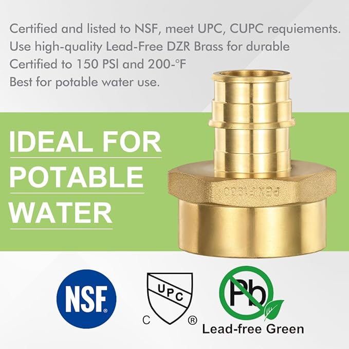 2 Pack Pex-A Brass Expansion to Female Thread Adapter, 3/4 Inch PEX-A to 1 Inch Female NPT,Zero-Lead Brass NSF/ANSI 61 NSF 372 Certificate, ASTM F1960 Certified