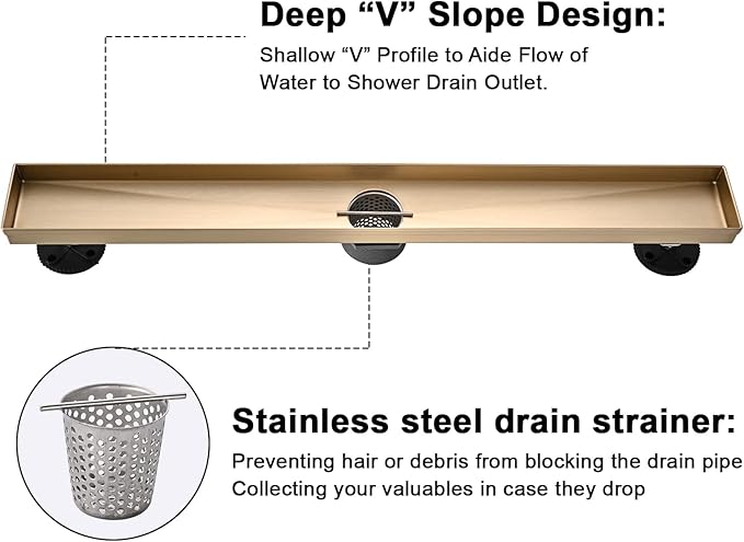 Linear Shower Floor Drain, Brushed Gold 12 Inch 304 Stainless Steel Bathroom Drains Kit, Rectangular Shower Trench Drain with Reversable Tile-in Pattern Drain Cover & Hair Catcher