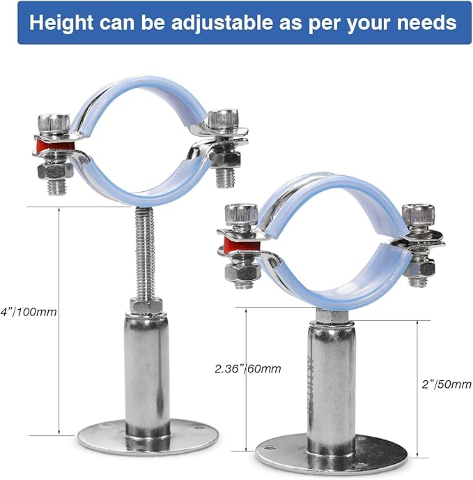 AKIHISA 2 Pcs 304 Stainless Steel Pipe Supports, Wall Mount Ceiling Mount Pipe Hanger, Pipe Holder for OD Pipe 38-40MM Adjustable Height Range 50-100mm