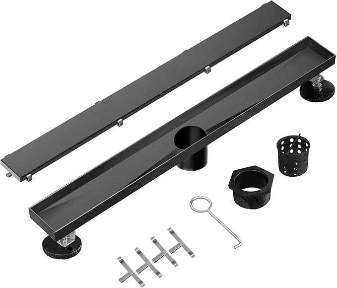 Linear Shower Drain, 60 inch Black Drain with Tile Insert 2-in-1 Panel, Brushed 304 Stainless Steel Shower Floor Drain, Linear Drain with Hair Strainer and Adjustable Feet