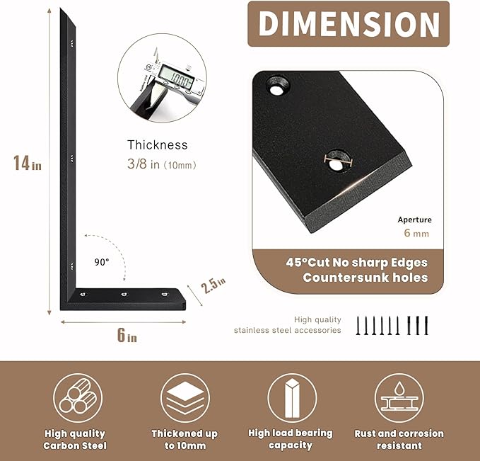 Countertop Support Bracket 14 Inch 4 Pack Countertop Bracket for Granite 3/8" Thick 14"x6"x2.5" Heavy Duty L Brackets Shelf Brackets Metal Corbels for Quartz/Granite/Wood/Concret/ Laminate Countertops