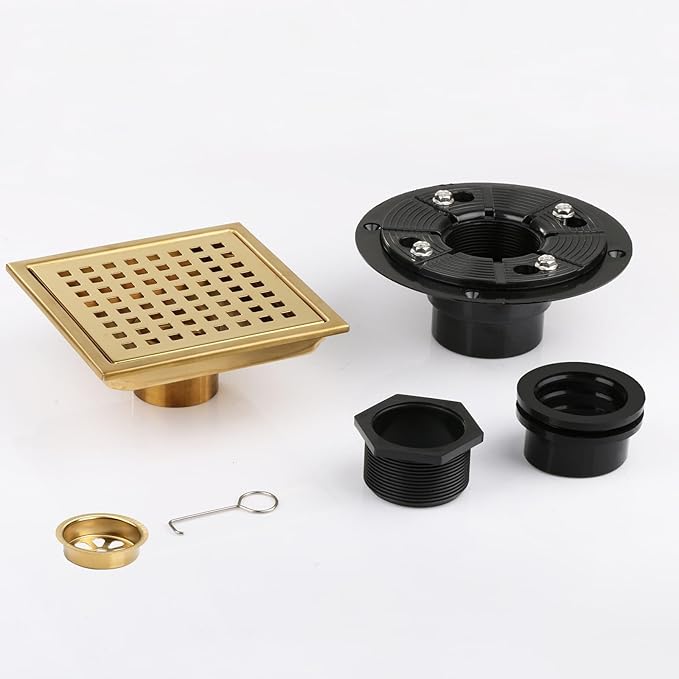Square Shower Drain, Gold Shower Drain 6 inch with Flange and Removeable Grate Cover, AISI 304 Stainless Steel Gold Shower Floor Drain with Hair Catcher and Flange