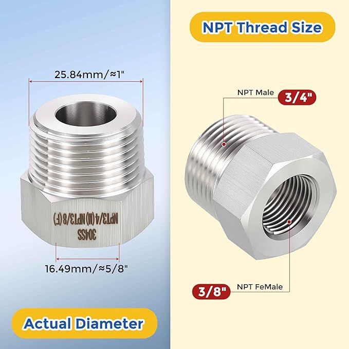 5 Pack 304 Stainless Steel Pipe Fittings, 3/4" Male NPT to 3/8" FeMale NPT Hex Bushing Reducer, Hose Tube Threaded Adapter for Air, Oil, LP
