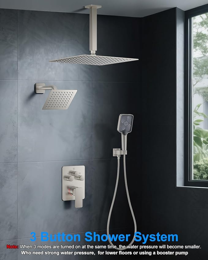 Shower System with Pressure Balance Valve, 12" Ceiling Mount Shower Faucet Set with 2 Rain Shower Head And Multi-function Handheld Head Push Button Diverter Pressure Balancing Valve Kit,Brushed Nickel
