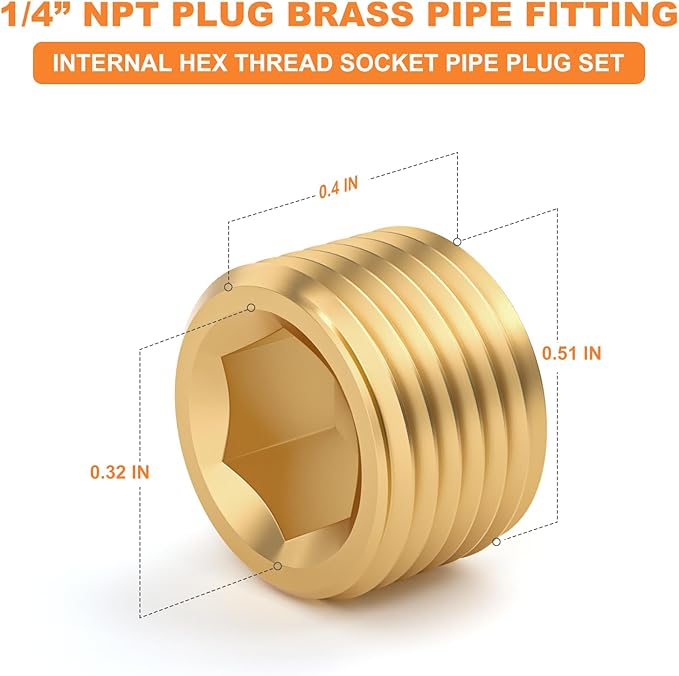 GASHER 30Pcs Brass Hex Plug Pipe Fitting, 1/4" NPT Male Pipe Plug Fitting For Closing The End Of Pipe