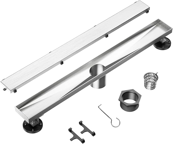 Neodrain 32-Inch Linear Shower Drain- with 2-in-1 Flat & Tile Insert Cover, 304 Stainless Steel Rectangle Shower Floor Drain,Floor Shower Drain with Adjustable Leveling Feet, Hair Strainer