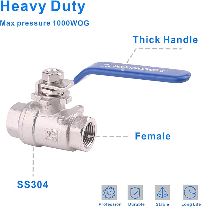 DERNORD Full Port Ball Valve Stainless Steel 304 Heavy Duty for Water, Oil, and Gas with Blue Locking Handles (3/8" NPT)