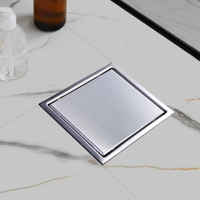 morefine Square Shower Floor Drain with Flange, Shower Drain 6 inch with 2 in 1 Tile-Insert Cover, SUS 304 Stainless Steel, Brushed Nickel