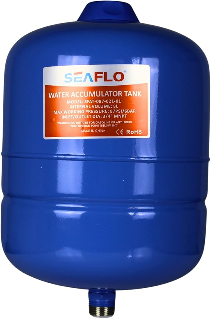 SEAFLO 2 Gallon Pre-Pressurized Accumulator Expansion Tank – Reduces Pump Cycling, Smooth Water Flow, 87 PSI, 3/4" MNPT, Compact Design for RV, Marine, Boat & Off-Grid Systems – 4-Year Warranty
