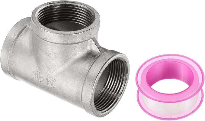 uxcell 304 Stainless Steel Tee Pipe Fittings G1-1/2" Female Tee Adapter 3 Way t Shaped Cast Pipe Fitting Connector with Seal Tape for Plumbing Drainage Pipes Heating Systems