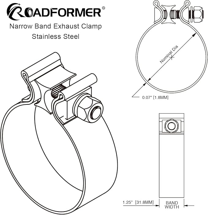 ROADFORMER 2.5 inch Exhaust Clamp Narrow Band Stainless Steel for Exhaust Pipe, Muffler and Exhaust System Repair (2 Pack)