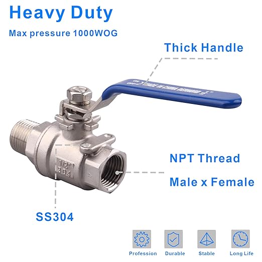 DERNORD 2 Pack Full Port Ball Valve 1/2 Inch - Male x Female Stainless Steel 304 Heavy Duty for Water, Oil, and Gas, 1000WOG