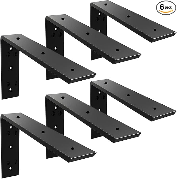 WINKER Countertop Support Bracket 6 Pack Heavy Duty 3/8" Thick Hidden L Shelf Bracket 10" x 6" x 2.5" Metal Corbels for Quartz/Granite/Wood/Concrete/Laminate Countertops, Black
