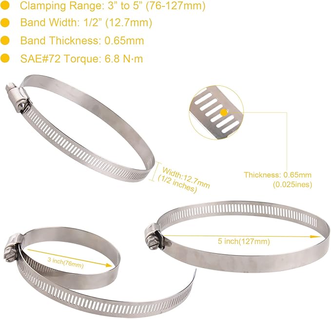 Winlong Stainless Steel 4'' Hose Clamps, 8PK SAE 72 Worm Gear Drive Hose Clamps 3 to 5 Inch (76-127mm) for Automotive Plumbing, 3'', 4'', 3.5'', 3 1/2'', 3 3/4'', 4 1/2'', 4.5'', 4 3/4''