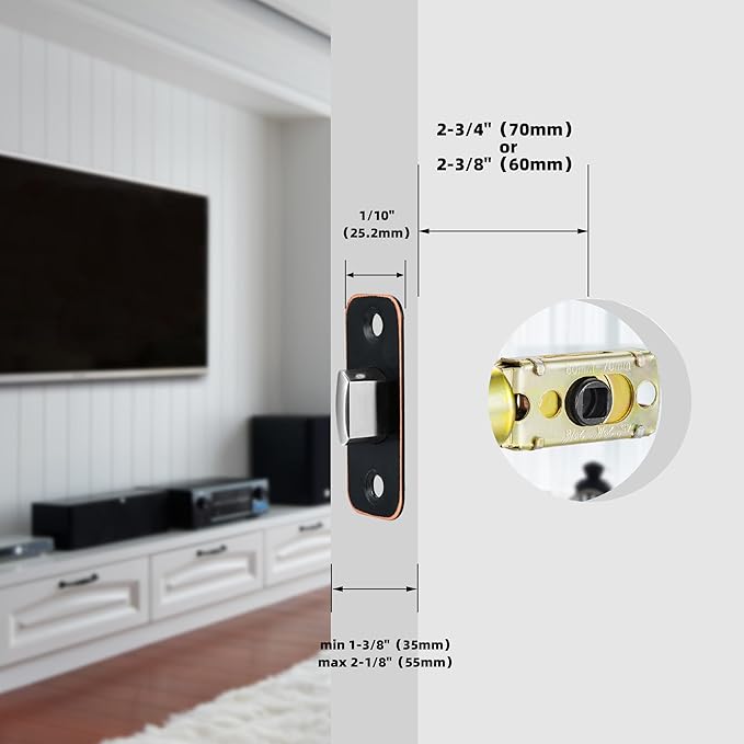 Oil Rubbed Bronze Adjustable Door Latch 60 or 70mm, 45° Turning Angle, Door Lock Replacement Parts with Door Strike Plate, Wood Dowel, Dust-Boxes