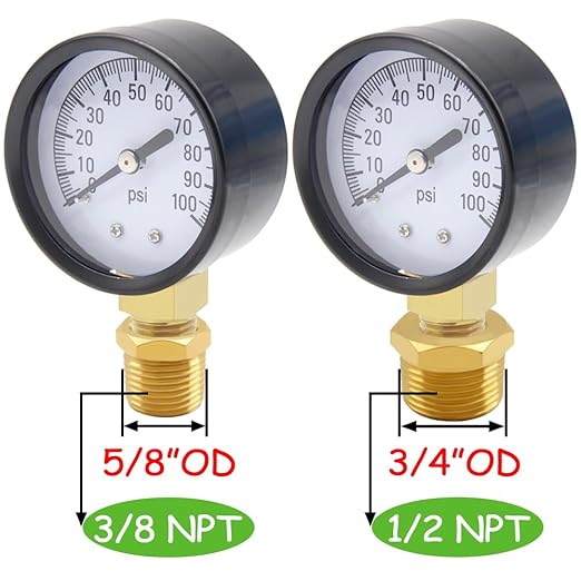 Pressure Gauge 0-100PSI 1/4" NPT Male Brass Bottom Mount 2" Dial Stainless Steel Case Include 1/2" NPT and 3/8" NPT Connector Universal Multifunctional