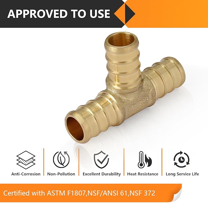 200-Pack HeSun PEX Fittings, 3/4"x3/4"x3/4" Pex Tee, Brass Crimp Fitting for Pex Pipes, ASTM F1807(PEX1807071-200)