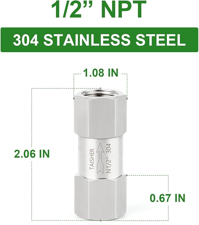 TAISHER 1PCS 304 Stainless Steel 1/2" NPT Female Check Valve,Backflow Prevention,One Way Non-Return Check Valves