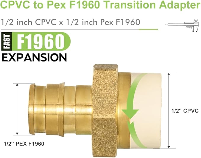 5 Pack 1/2" Pex-A x 1/2" CPVC Transition Adapter Heavy Duty Brass Barb PEX Fittings for for PEX-A and cPVC Pipe Connection,Lead-Free Brass NSF/ANSI 61 NSF 372 Certificate, ASTM F1960
