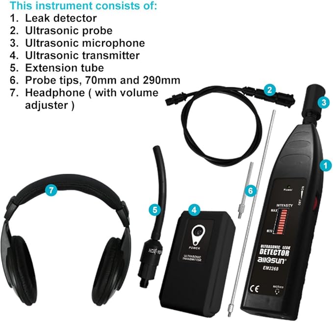 allsun Pro Ultrasonic Leaking Detector Transmitter Auto Noise Finder, Electronic Stethoscope HVAC Machine Noise Monitor 36-44KHz, Air Gas Water Leak Diagnosis Tool