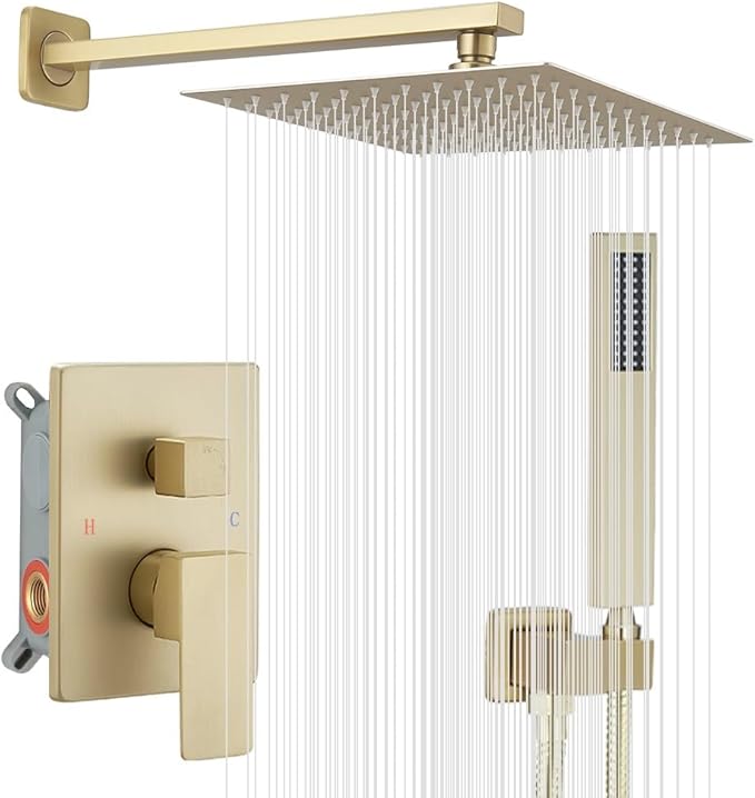 Brushed Gold Shower System 10 Inch Bathroom Luxury Rain Mixer Shower Combo Set Wall Mounted Rainfall Shower Head and Handheld System Shower Faucet Rough-in Valve Body and Trim Kit