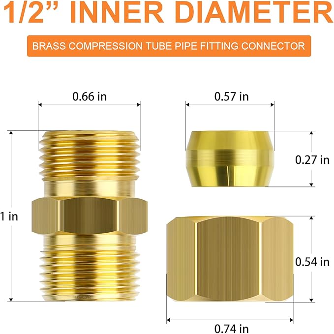 GASHER 10PCS Brass Compression Tube Pipe Fitting Connector, 1/2" Tube OD x 1/2" Tube OD Connector