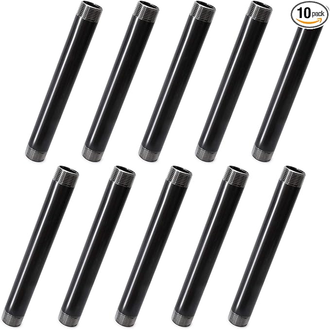 1"x10" Industrial Pipe, Home TZH 10 Pack Iron Pipe, Heavy Duty Pre-Cut Steel Pipe, Threaded Metal Pipe Nipple for Industrial Vintage Style DIY Project/Furniture/Shelving Decoration (1"x10", Grey)