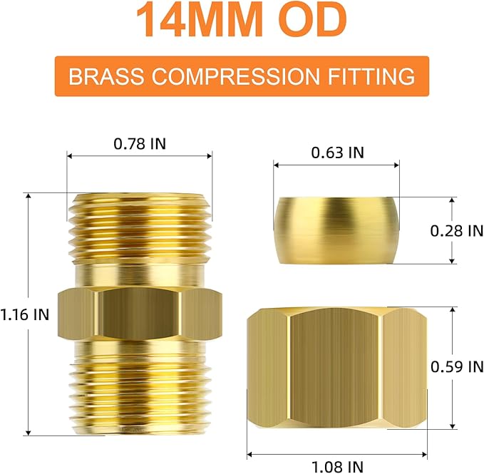 GASHER 5PCS Brass Compression Tube Pipe Fitting Connector, 14mm Tube OD Connector