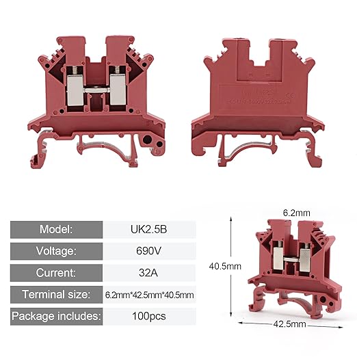 Red UK-2.5B Rail Type Terminal Block Voltage and Current Safety Ground Terminal Block 800V 32A 2.5 Square mm 100 Pack