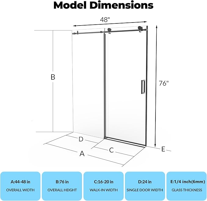 Semi-Frameless Sliding Shower Door - 44 to 48 Inch Adjustable Width x 76 Inch High, 6mm Coated Tempered Glass with Easy Clean, One Fixed & One Sliding Panel, Stainless Steel Round Rail, Matte Black